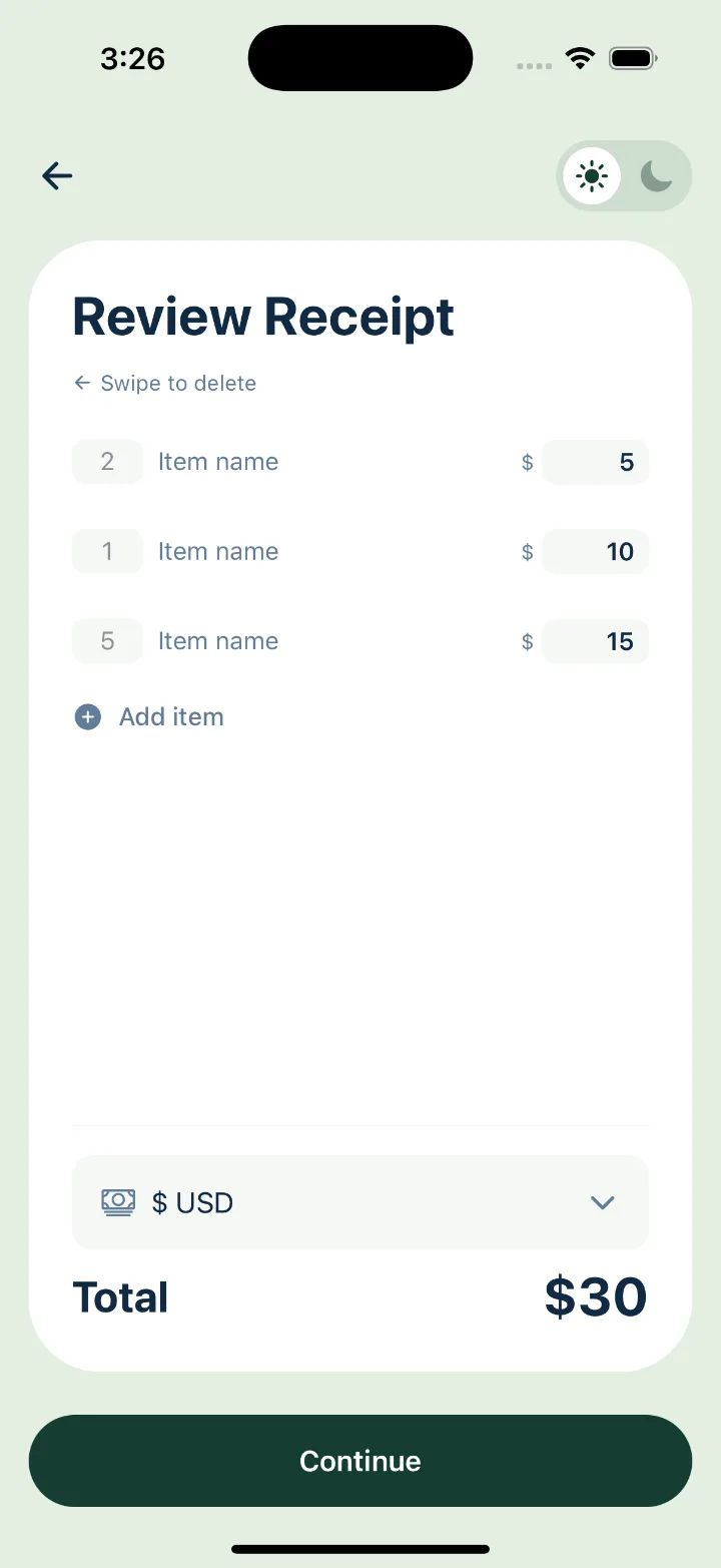 Review receipt screen