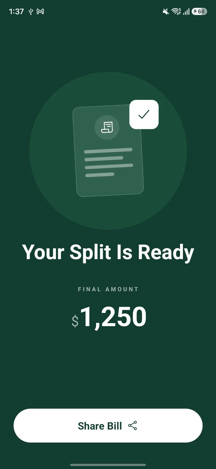 Your split is ready screen
